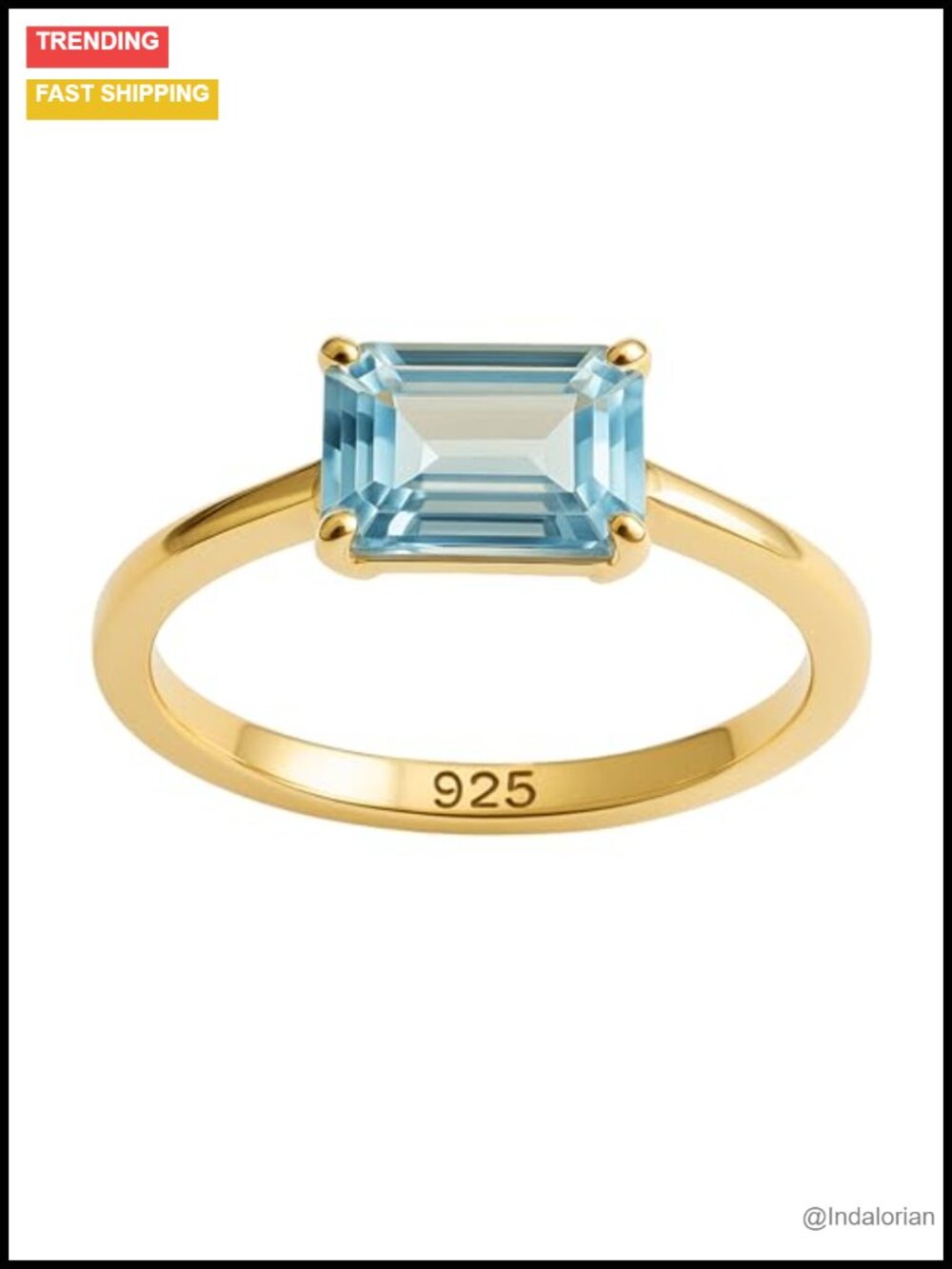 Baguette Cut Blue Topaz Ring 14K Gold Plated Sterling Silver East-West Solitaire